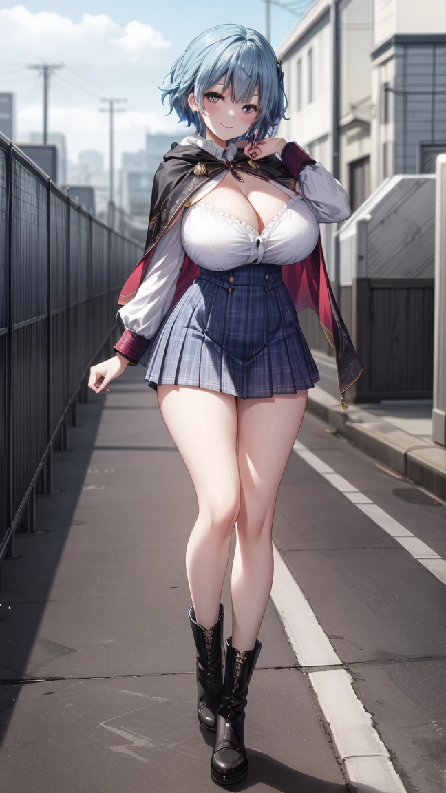 very short skirt, seductive shape, an illustration of showing a sexy person with a cape and a blue hair color in the animation style clothing, long hair, female focus, solo, cape, long sleeves, hand on hip, standing, looking at viewer, full body, black footwear, bangs, short skirt, blue hair, white skirt, boots, smile, skirt tucked in, closed mouth, huge breast, perfect Composition, cleavage,

1 girl, 20yo,YOUNG female,Beautiful Finger, Beautiful long legs ,Beautiful body ,Beautiful Nose ,Beautiful character design, perfect eyes, perfect face,

official art, extremely detailed CG unity 8k wallpaper, perfect lighting,Colorful, Bright_Front_face_Lightinasterpiece:1.0),(best_quality:1.0), ultra high res,4K,ultra-detailed,
photography, 8K, HDR, highres, absurdres:1.2, Kodak portra 400, film grain, blurry background, bokeh:1.2, lens flare, (vibrant_color:1.2)
, (beautiful_face:1.5),(narrow_waist), (Beautiful,Huge_Breasts:1.3)