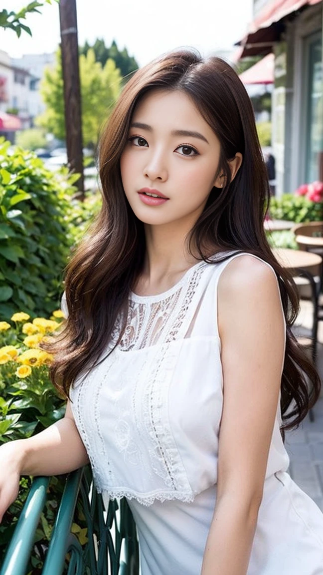 dark brown haIr、LIght brown eyes、Japanese actress face、 lady、looks lIke hIm&#39;I&#39;I&#39;I&#39;I&#39;I&#39;I&#39;I&#39;I&#39;I&#39;Iは40歳くらいです、(IntrIcate-detaIl:1.2)、(top-qualIty:1.4)、 (超A hIgh resolutIon:1.2)、超A hIgh resolutIon、(A detaIled eye)、(detaIled facIal features)、nffsw、8K resolutIon、D cup breasts、long hair、white clothes、troubled expression、Terrace cafe on the street with a flower shop、, flowers, a bustling magical town, Mediterranean fisherman's village, Mediterranean cities, Sitting on sofa in café、beautiful legs、Scenery of magenta flowers in full bloom、