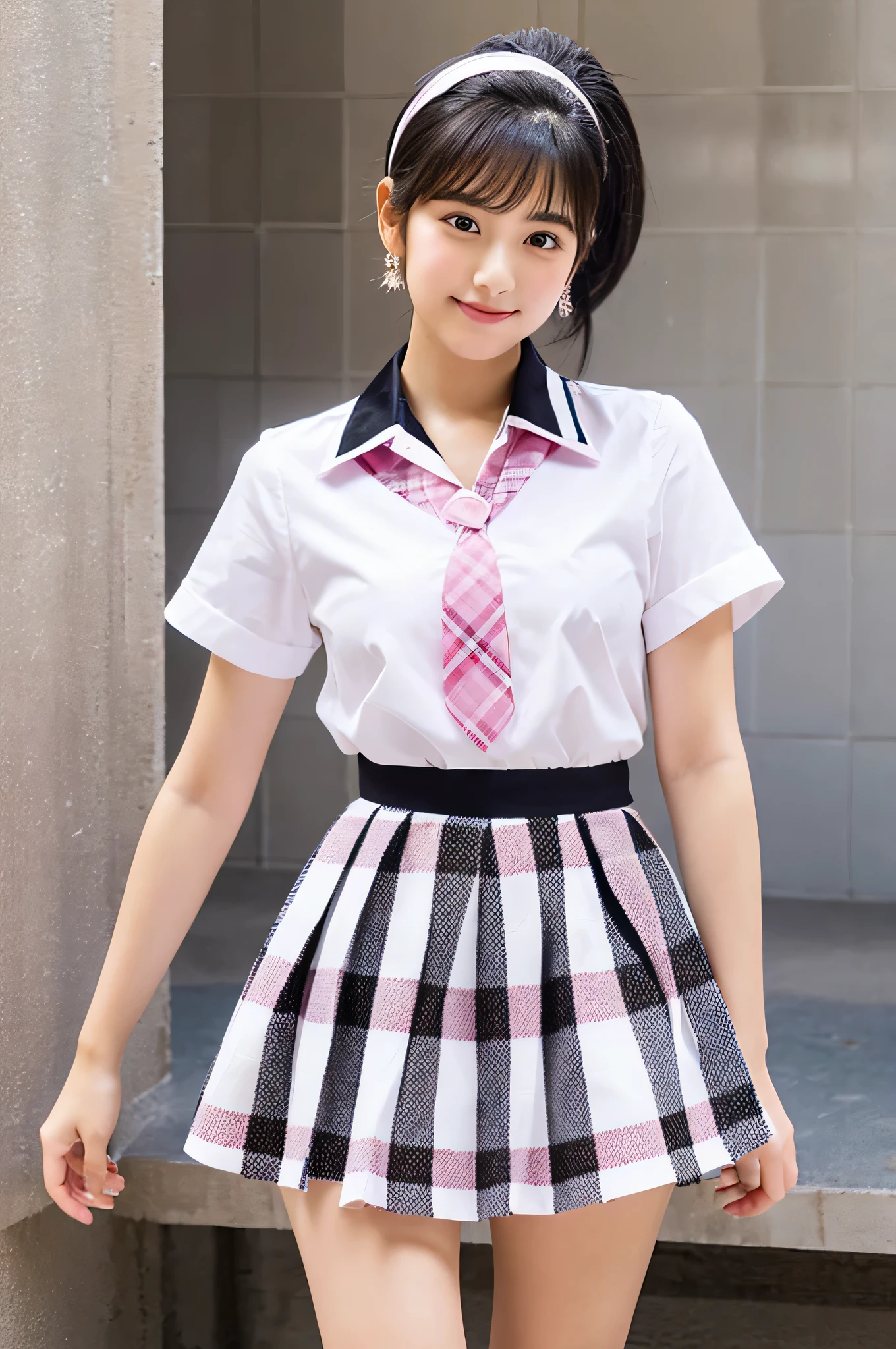 An 18-year-old high school girl wearing a white shirt and a pink plaid miniskirt..(black hair ponytail)