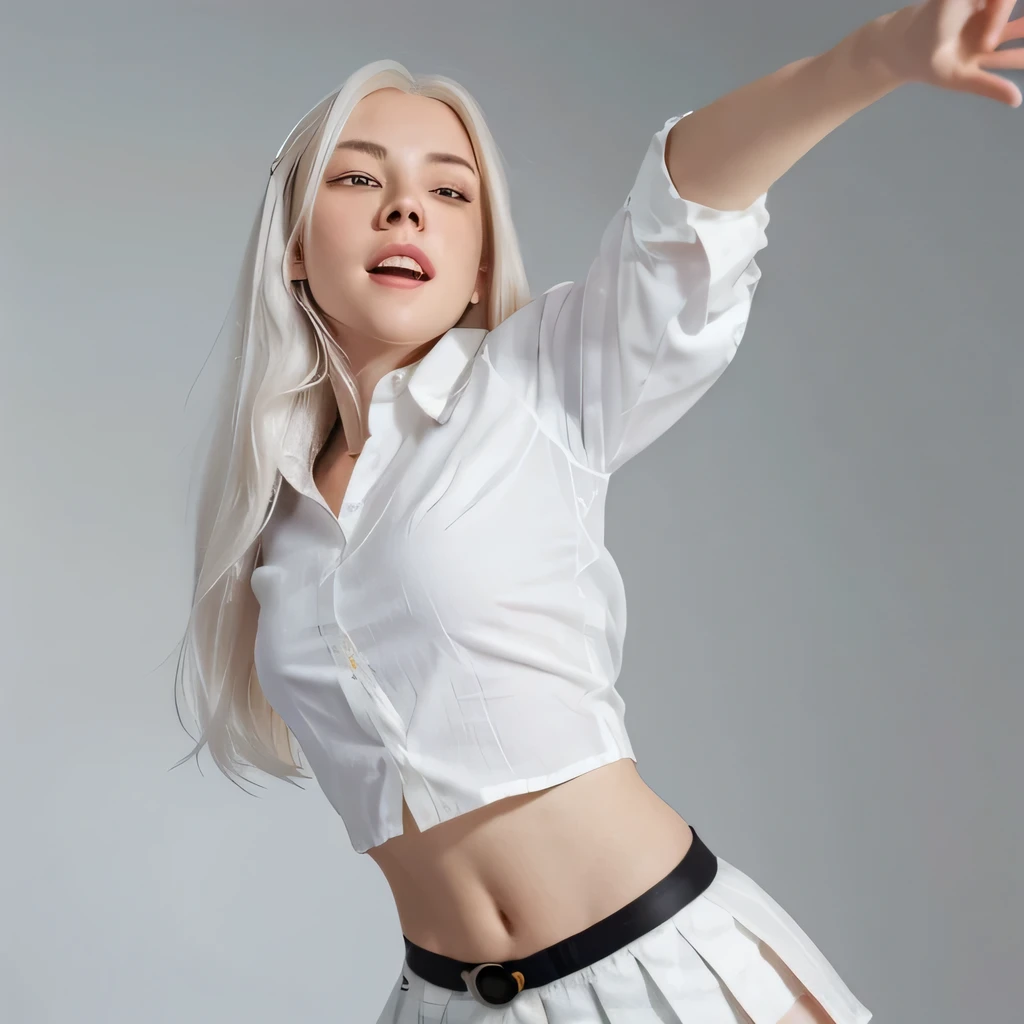 ((masterpiece, best quality)), (1 girl), (alone), (female focus), (Alcohol, white hair, very long hair), golden eyes, clear smile, open mouth, ((White shirt), (button shirt), (customs clearance button)), ((black skirt), (short skirt)), Everlasting, White background, place one's arms behind one's back, dynamic angle