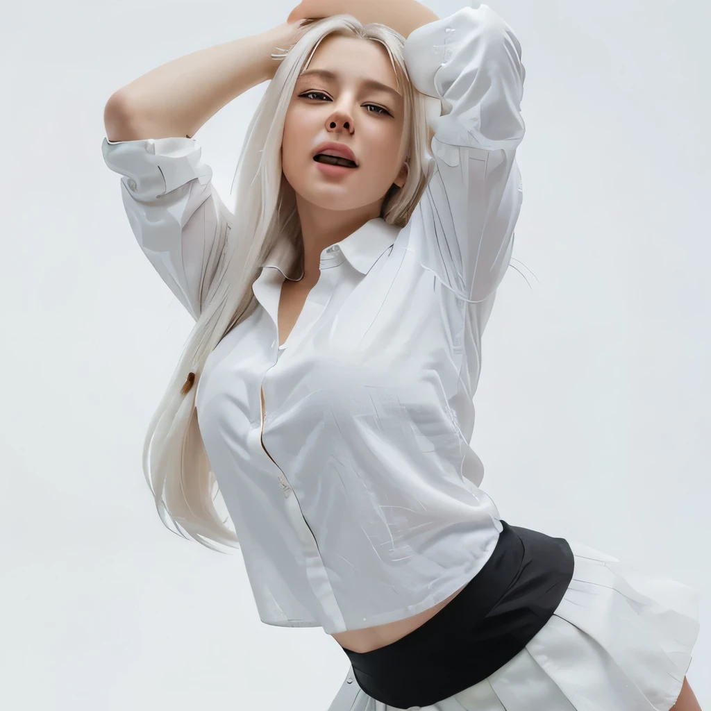 ((masterpiece, best quality)), (1 girl), (alone), (female focus), (Alcohol, white hair, very long hair), golden eyes, faint smile, open mouth, ((White shirt), (button shirt), (buttonGap)), ((black skirt), (short skirt)), Everlasting, White background, place one's arms behind one's back, dynamic angle,