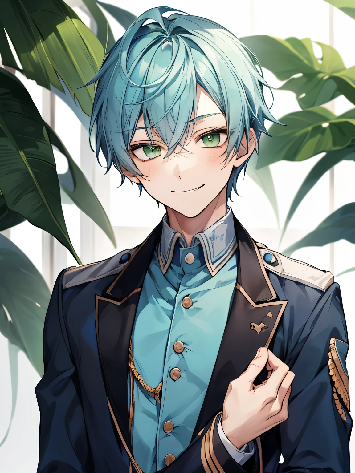 young male ager, green eyes, light blue hair, uniform, academy, staring innocently, smiling