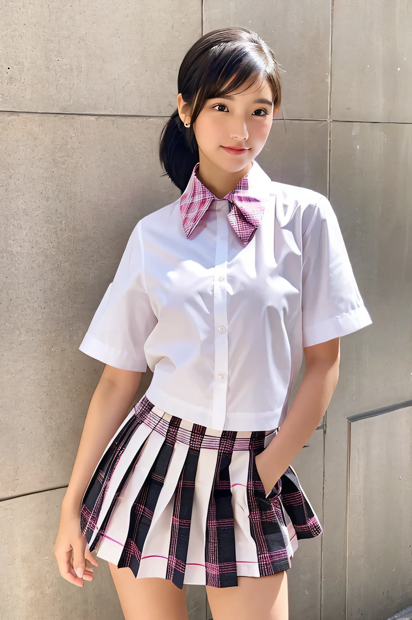 An 18-year-old high school girl wearing a white shirt and a pink plaid miniskirt..(black hair ponytail)