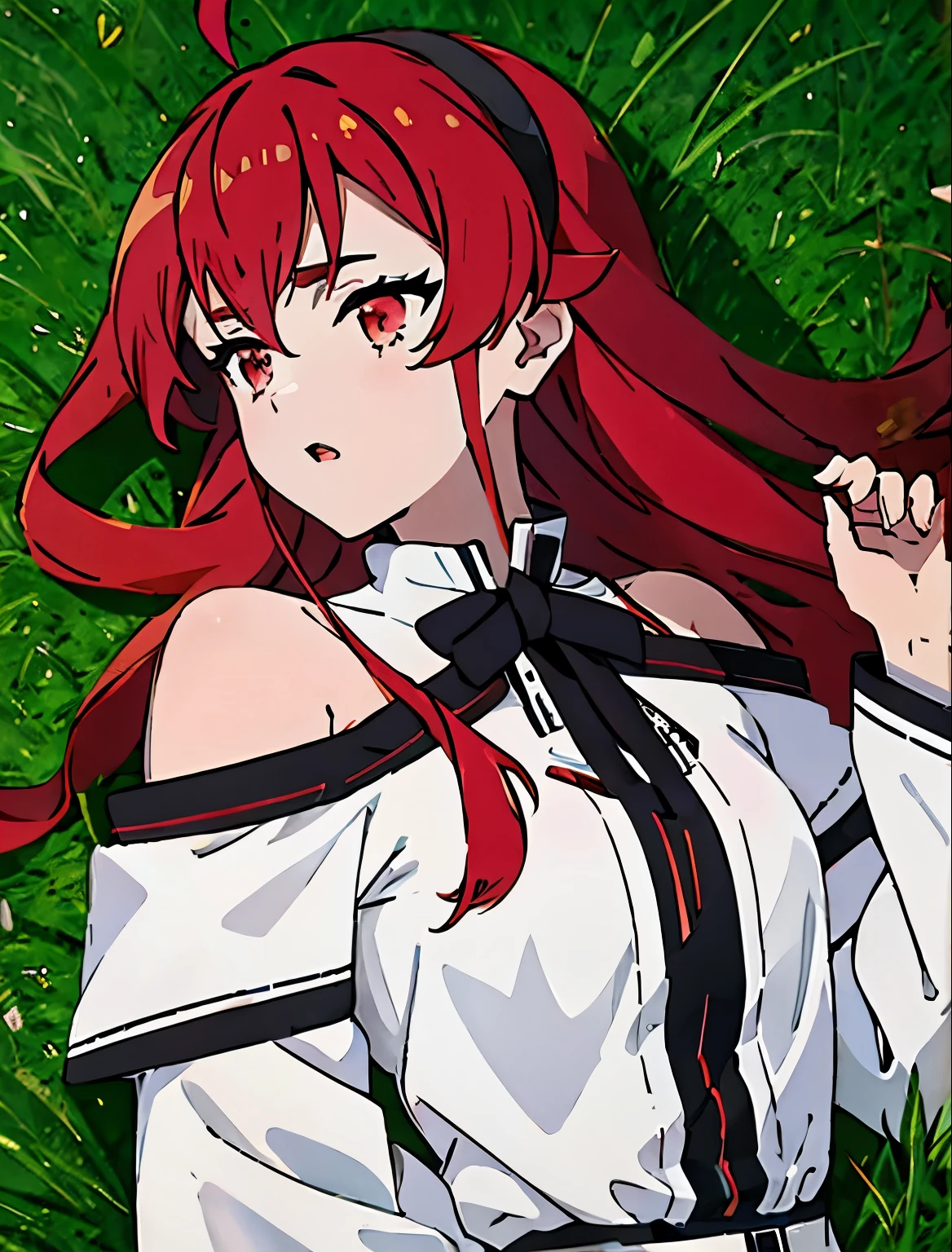 eris, 1girl, solo, long_hair, open_mouth, bangs, shirt, red_eyes, long_sleeves, hair_between_eyes, bare_shoulders, collarbone, white_shirt, upper_body, ahoge, sidelocks, red_hair, hairband, outdoors, lying, parted_lips, hand_up, wide_sleeves, on_back, off_shoulder, looking_to_the_side, thick_eyebrows, grass, black_hairband, colorful