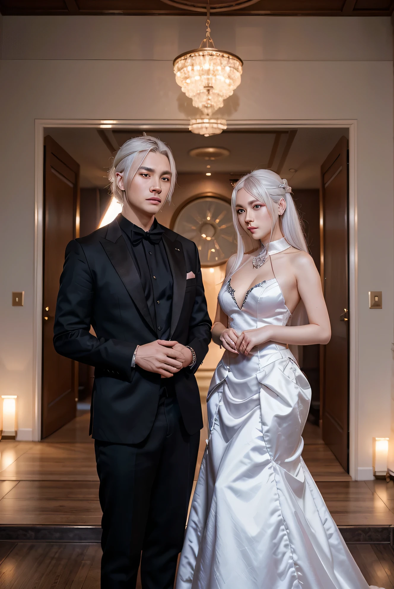 The two took a group photo in formal wear, wopsonsakimicchan, Gurwitz style artwork, Wop and Rose Tran, Wop and Andrei Ryabovich, neoartcore and charlie bowwater, loish and wop, Knights and princesses, loish and ross tran, white hair