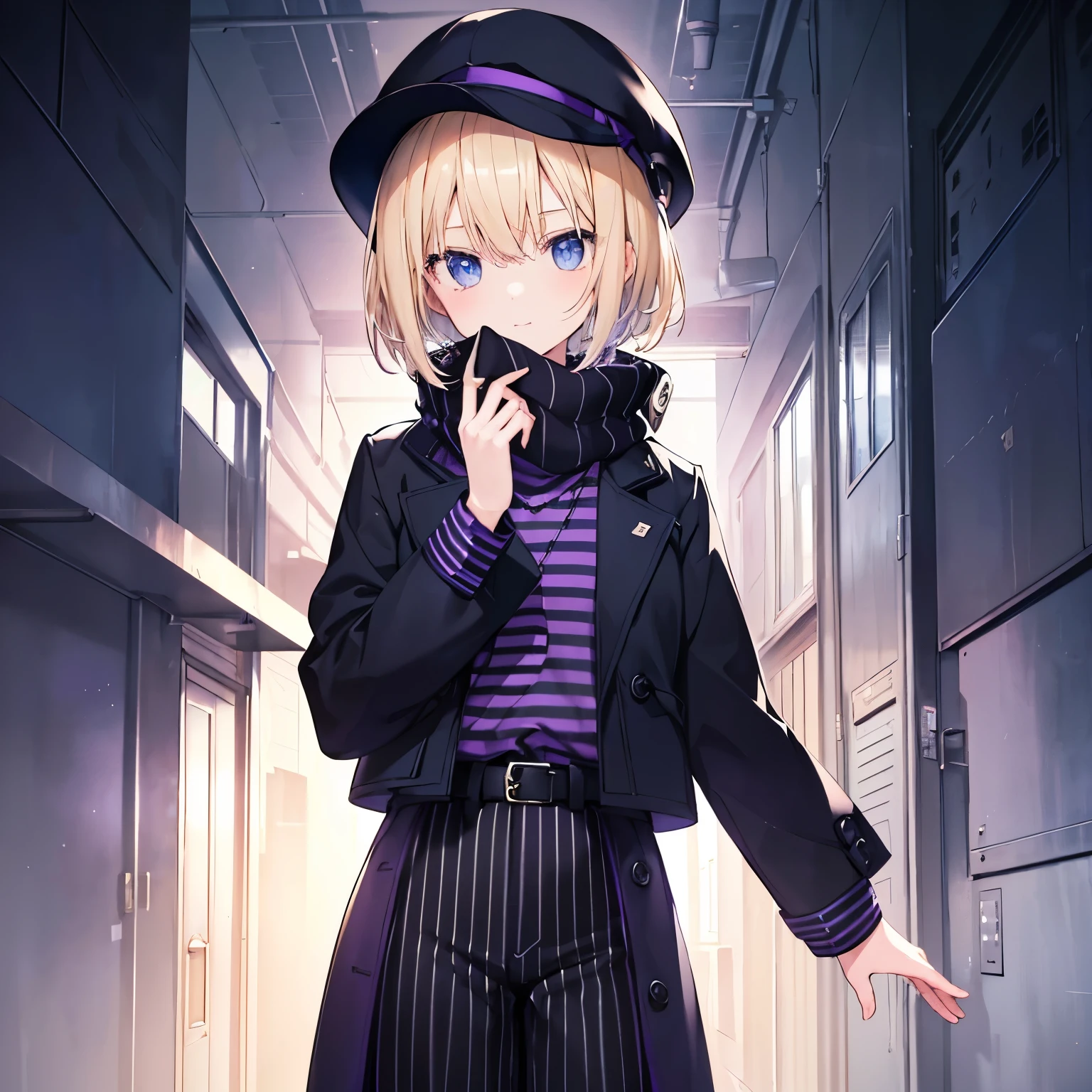 ((flat )), blonde hair (( straight short hair )), Wearing a blue colored sweater(( black vertical stripes)), long chesterfield coat((purple)), and black long pants, white nit cap and muffler (( muffler covers her under face))bright smile (( the corners of her mouth rise)), round crystal blue eyes, a gentle wind blowing at a field , pose of looking back, stretch her arms forward 