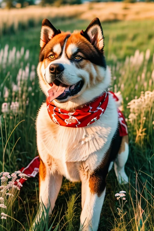 very hairy Akita dog with red bandana around his neck in a flowering grass a Pitbull in sy3 style