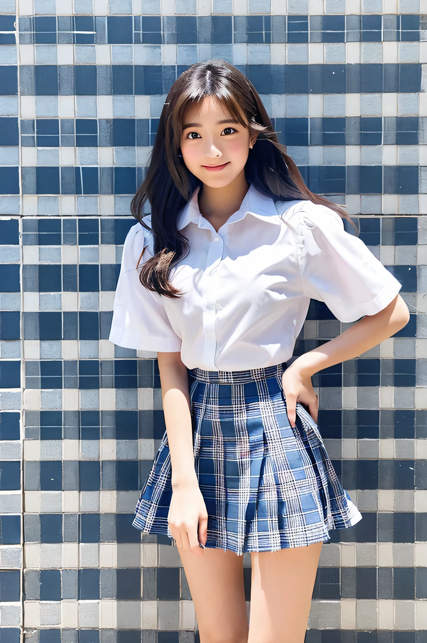 An 18-year-old high school girl wearing a white shirt and a light blue plaid miniskirt..(long black hair)