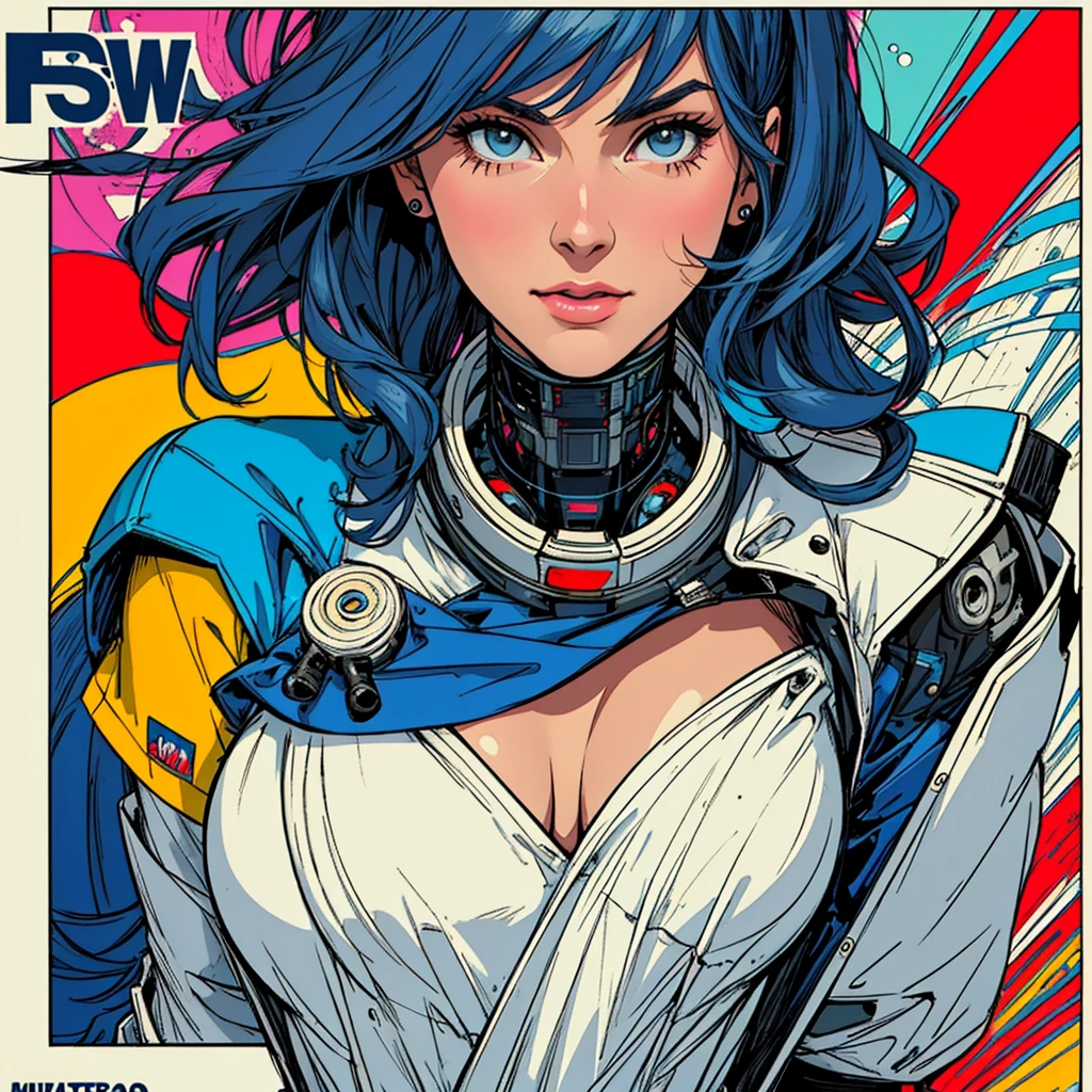 (((highest quality))),masterpiece,1 woman,((the perfect person)),((Super beautiful woman)),detailed perfect face,retro,vintage,classic,60's,70's,80's,old movie posters,abstract,((スペーススリラーmovie poster)),(Futuristic),Geometric pattern,very delicate,movie poster_white frame,universe,Milky Way,planet,,propaganda,universe飛行士,breast enhancement,simple,(big breasts),(cleavage),cyber punk,