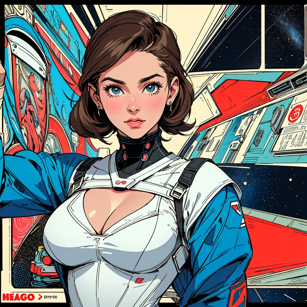 (((highest quality))),masterpiece,1 woman,((the perfect person)),((Super beautiful woman)),detailed perfect face,retro,vintage,classic,60's,70's,80's,old movie posters,abstract,((スペーススリラーmovie poster)),(Futuristic),Geometric pattern,very delicate,movie poster_white frame,universe,Milky Way,planet,,propaganda,universe飛行士,breast enhancement,simple,(big breasts),(cleavage),cyber punk,