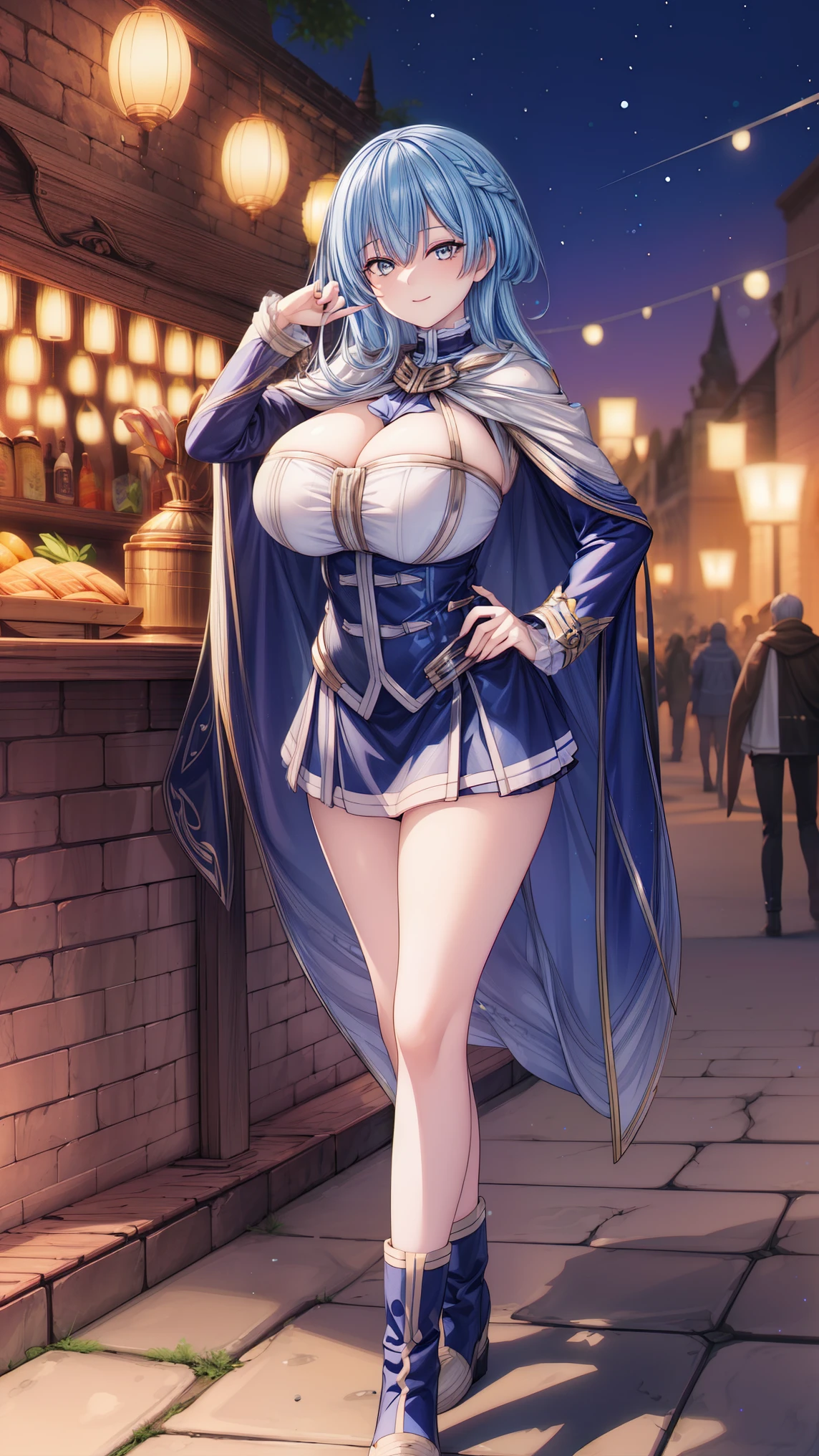 very short skirt, seductive shape, an illustration of showing a sexy person with a cape and a blue hair color in the animation style clothing, long hair, female focus, solo, cape, long sleeves, hand on hip, standing, looking at viewer, full body, black footwear, bangs, short skirt, blue hair, white skirt, boots, smile, skirt tucked in, closed mouth, huge breast, perfect Composition, cleavage,

1 girl, 20yo,YOUNG female,Beautiful Finger, Beautiful long legs ,Beautiful body ,Beautiful Nose ,Beautiful character design, perfect eyes, perfect face,

official art, extremely detailed CG unity 8k wallpaper, perfect lighting,Colorful, Bright_Front_face_Lightinasterpiece:1.0),(best_quality:1.0), ultra high res,4K,ultra-detailed,
photography, 8K, HDR, highres, absurdres:1.2, Kodak portra 400, film grain, blurry background, bokeh:1.2, lens flare, (vibrant_color:1.2)
, (beautiful_face:1.5),(narrow_waist), (Beautiful,Huge_Breasts:1.3)