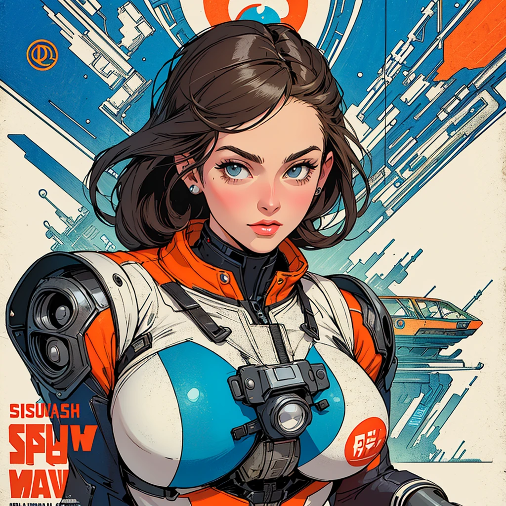 (((highest quality))),masterpiece,1 woman,((the perfect person)),((Super beautiful woman)),detailed perfect face,retro,vintage,classic,60's,70's,80's,old movie posters,abstract,((スペーススリラーmovie poster)),(Futuristic),Geometric pattern,very delicate,movie poster_white frame,universe,Milky Way,planet,,propaganda,universe飛行士,breast enhancement,simple,(big breasts),(cleavage),cyber punk,