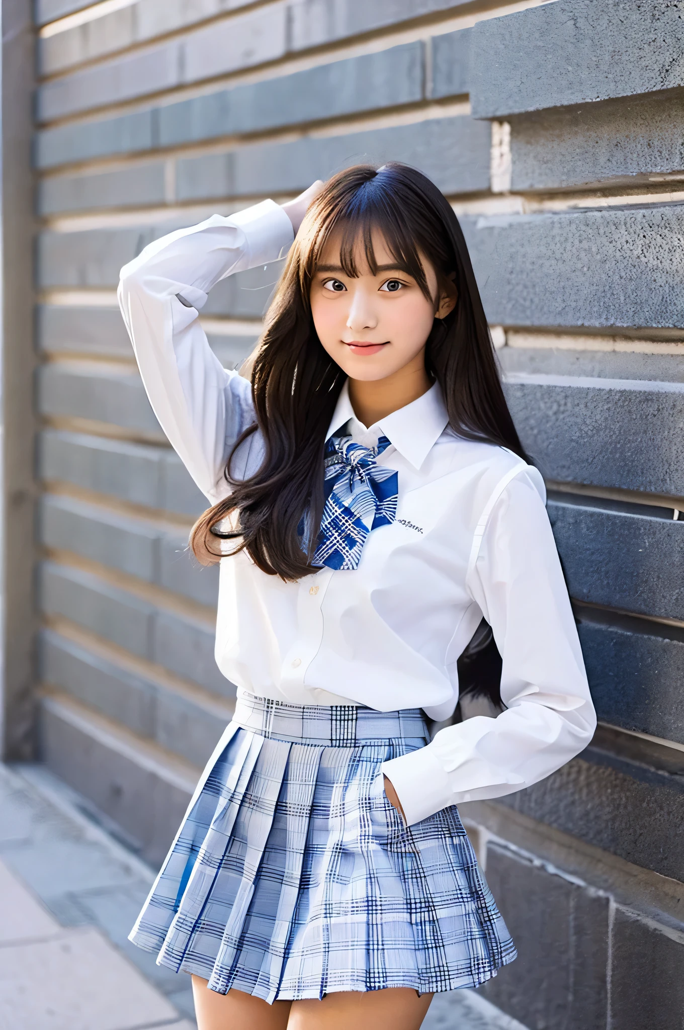 An 18-year-old high school girl wearing a white shirt and a light blue plaid miniskirt..（long black hair）