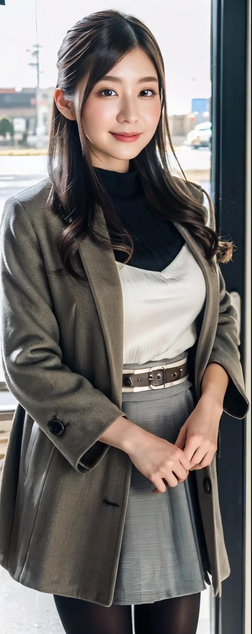 (8k, RAW photos, top quality, masterpiece: 1.2, ultra detailed, super resolution, real photos: 1.37), (Full body photo), 1 noble elegant Japanese lady, (standing contrapposte), winter season, ((black color coodinate, wearing over-size nouton coat, winter fluffy scarf, grey long skirt, legging, wearing long boots)), Shiny, Smile, Looks like 1.8 meters tall, large pelvis, Large breasts, big cuvy hips, Thin waist, Long legs, skin hyper-detail, 20 years old, Perfect face, (Detailed facial features), Wavy hair, Daylight, winter season, snazzy cafe,