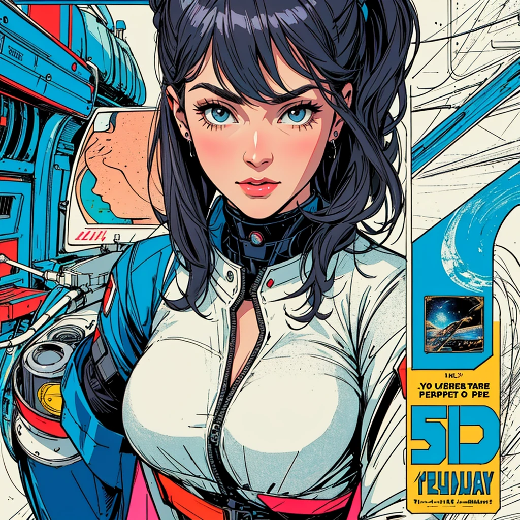 (((highest quality))),masterpiece,1 woman,((the perfect person)),((Super beautiful woman)),detailed perfect face,retro,vintage,classic,60's,70's,80's,old movie posters,abstract,((スペーススリラーmovie poster)),(Futuristic),Geometric pattern,very delicate,movie poster_white frame,universe,Milky Way,planet,,propaganda,universe飛行士,breast enhancement,simple,(big breasts),(cleavage),cyber punk,