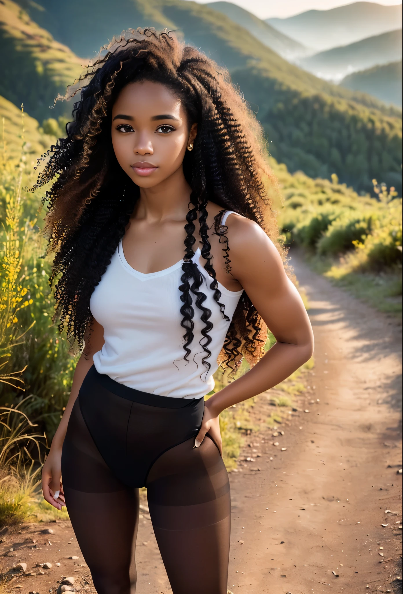 ((21-year-old))) black girl in hiking attire (((light skin))), (((portrait full body pose))), (((long curly black hair))), (((pantyhose))), Rich, Deep Colours, (intricate details:0.9), (HDR, hyper-detailing:1.2), (natural skin textures, hyper realisitc, glistening skin, soft light, Sharp),photo realistic ,shot on kodak gold 400