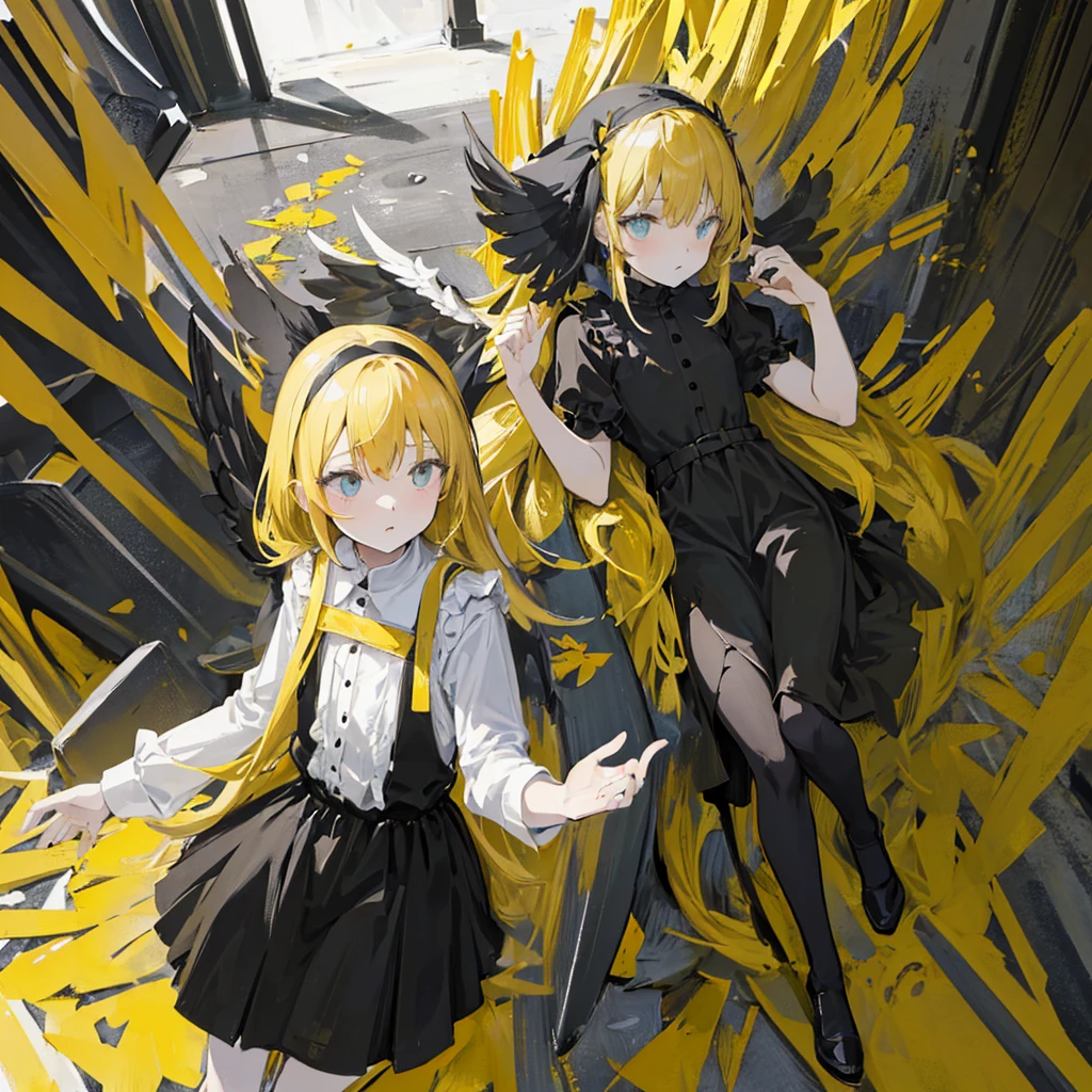 (1 girl, blonde hair, black sundress, black wings, kawaii), (abandoned church), (low contrast, flat color, limited palette)