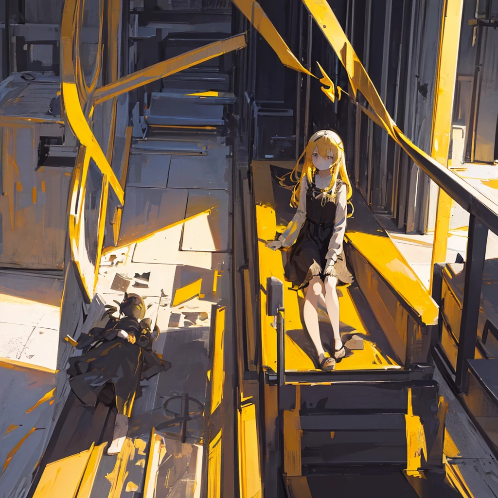 (1 girl, blonde hair, black sundress, black wings, kawaii), (abandoned church), (low contrast, flat color, limited palette)