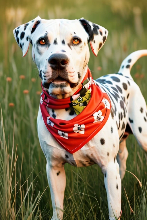  very hairy dalmatian dog with red bandana around his neck in a flowering grass a Pitbull in sy3 style
