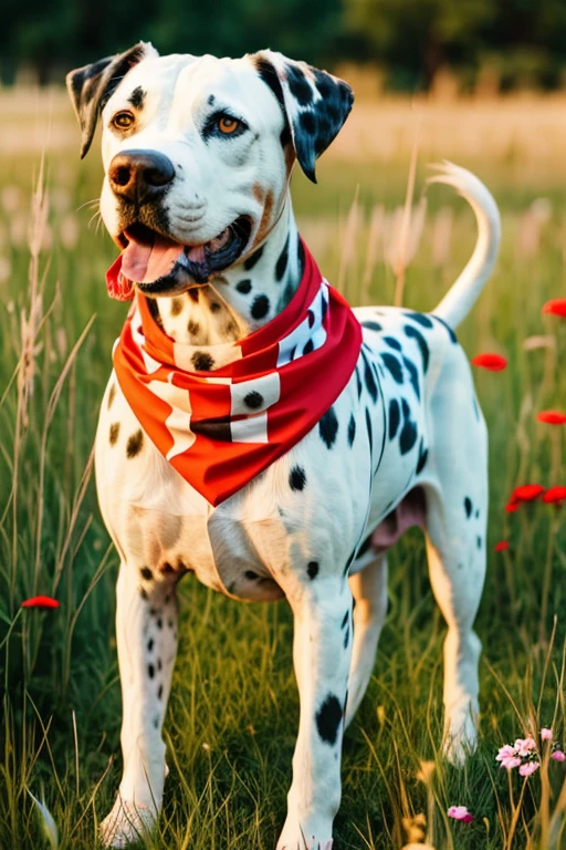 very hairy dalmatian dog with red bandana around his neck in a flowering grass a Pitbull in sy3 style