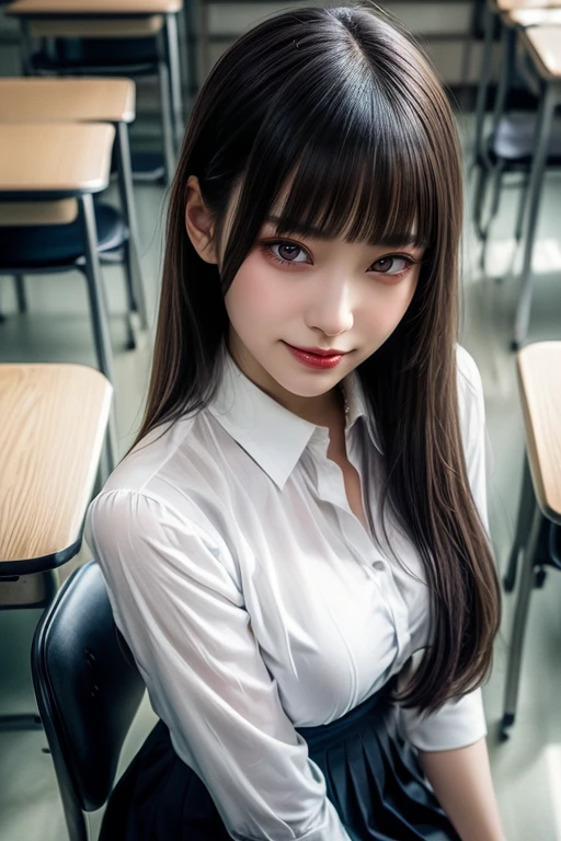 (female student uniform:1.2)、(((dull bangs, princess bangs))), (((very heavy,very voluminous bangs:1.1))),(((very long, very heavy,Very voluminous side locks:1.1))),, princess cut, Hairstyle with straight bangs, Round face with dull bangs, dull with long hair、Bangs are cut straight,(masterpiece, highest quality:1.5), (Super detailed 8K CG:1.4), (hyperrealistic:1.25), (Photorealistic:1.25), (realistic:1.4), cowboy shot, (View above:1.35), (1 from the front.4), (smile1.3), one beautiful japanese girl, , Supermodel, japanese idol, (smile), big breasts, Sweat、Sitting on a chair in a school classroom、emphasize cleavage