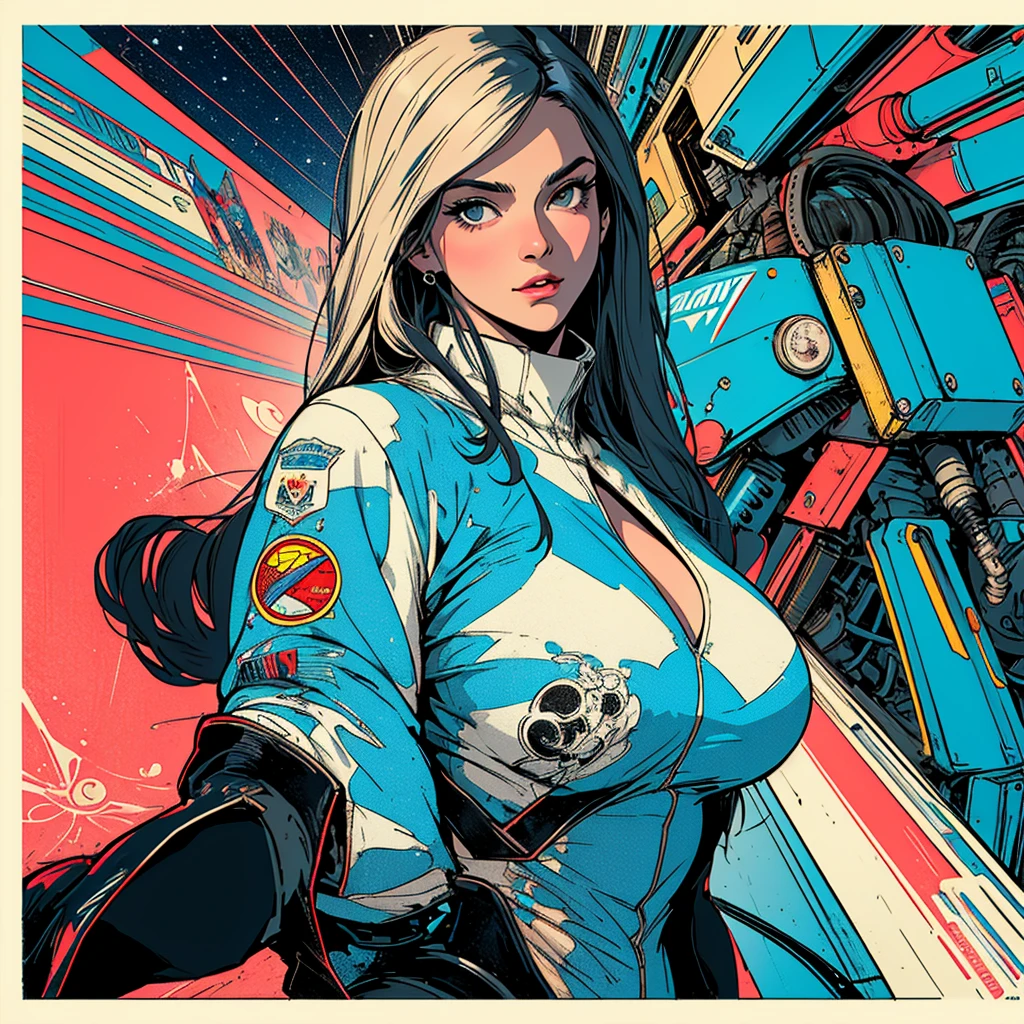 (((highest quality))),masterpiece,1 woman,((the perfect person)),((Super beautiful woman)),detailed perfect face,retro,vintage,classic,60's,70's,80's,old movie posters,abstract,((スペーススリラーmovie poster)),(Futuristic),Geometric pattern,very delicate,movie poster_white frame,universe,Milky Way,planet,,propaganda,universe飛行士,breast enhancement,simple,(big breasts),(cleavage),cyber punk,