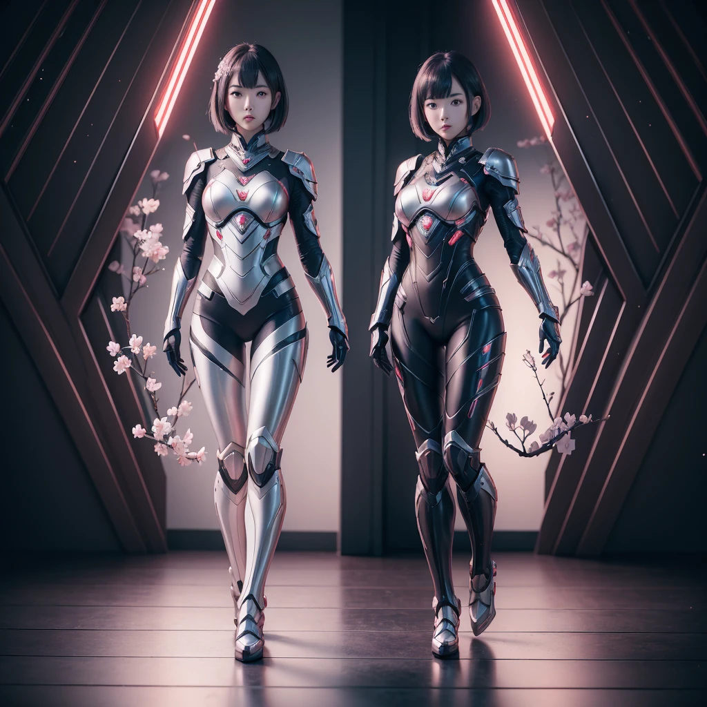 (((full body photo)))
3girl, beautiful japanese young woman, wearing ninja armor, thick symmetrical features, very short hair, background is cherry blossoms, silver aura, red lips, octane render, leds