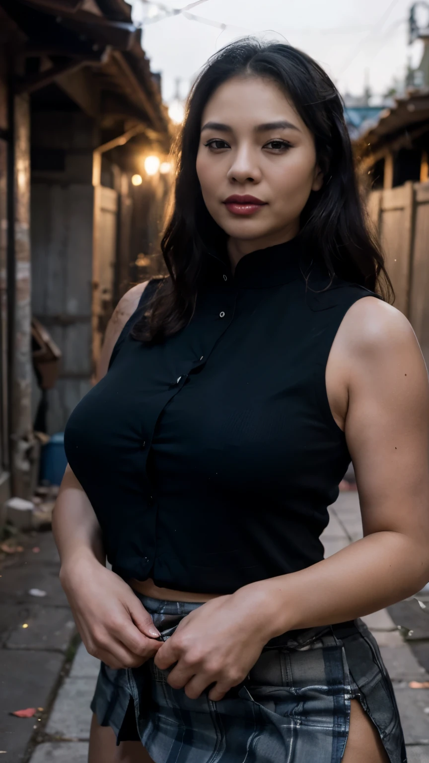 ((Nighttime - dark sky) - outside - quiet Indonesian alleyway - house garage - convertible car:1.75), ((Chinese-Indonesian:1.5)), very beautiful 40 yo fleshy Milf, slim waist, (fair complexion:1.25), very beautiful, hair with bangs tied-back in ponytail, (tight - button-down sleeveless shirt:1.55), (tight skirt - formal:1.75), (massive breasts under the shirt:1.45), (I have thick milf's arms:1.85), curvy - no muscles, (fully clothed:1.5), (stilletto), (front view - my arms behind my head:1.5), (at evening night), (overlooking by lecherous oldmen), (full-body - head to boot), anusha cleavage, busty, voluptuous, thick, curvy model body, body dents, visible lips, plump, fleshy juicy hips, glossy sweaty skin, 🤬❤❤️‍🔥💦🍑, juicy lips, plump red lips, fantasy character art, absurdres, high res, ultrasharp, 8K, professional photograph, award-winning portrait, masterpiece, high detail full-body view, symmetrical, Nikon D850, 85mm lens, f/1.8, depth of field,  