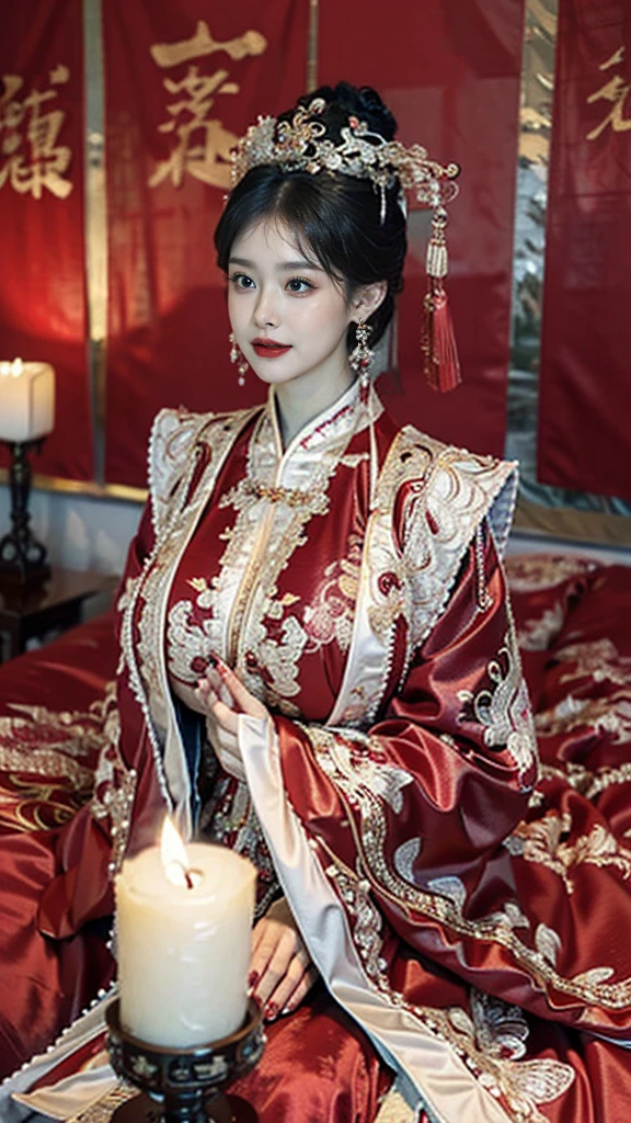 (High quality, 8k, HDR), (masterpiece:1.2), (best quality:1.4), (ultra high res:1.2),(RAW photo:1.2), (sharp focus:1.3), (face focus:1.2), perfect artwork, delicate patterns, intricate details, (extremely complex: 1.2), a woman in a red and gold dress, phoenix crown, hair stick, (sitting on a red bed), makeup, blush, shyness, black_hair, looking down, cosmetics, (forehead point), (2 red candles), Chinese_clothes, curtains, earrings, hair_ornament,hanfu, interior, jewelry, red nails, long_sleeves, red dress, red lips, tassels, (red quilt), (red palace: 1.2), (ancient Chinese architecture), (red: 1.8), (Full Body),(cute face:1.15),(huge breasts:1.6),