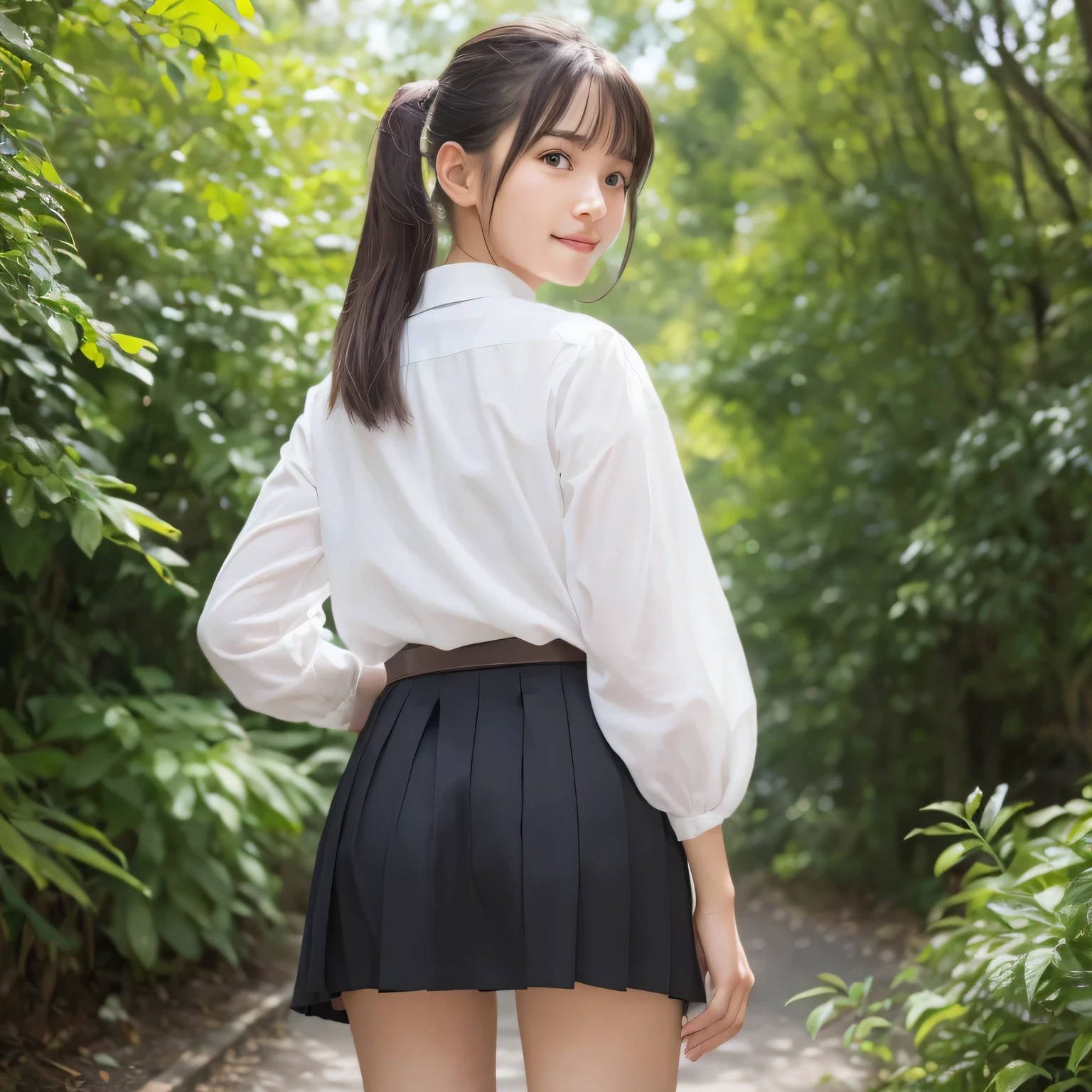 Smile、night、original photography、(((ultimate beauty portrait)))、((sparkling skin))、1 girl、24 year old beautiful girl from Prague、bright expression、((brown hair))、((Big eyes sparkling like gems))、、pantyhose、Glowing and radiant skin、(medium hair)、(silk ponytail)、(standing)、(from below)、collared shirt、under skirt、(from below看内衣的特写)、Eyeliner、beautiful bangs、hair between eyes、((masterpiece、top quality、Super detailed、movie light、intricate details、high resolution、Very detailed))、background for this、8 kood、digital SLR、soft light、high quality、film grain、富士XT3 、shallow view deep、natural soft light、Kamimei、Above the legs、whole body、 Rear view、Holding a bouquet of flowers
