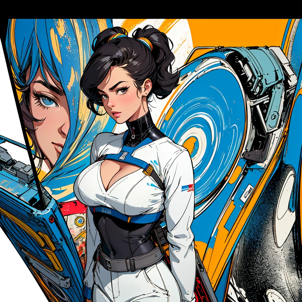 (((highest quality))),masterpiece,1 woman,((the perfect person)),((Super beautiful woman)),detailed perfect face,retro,vintage,classic,60's,70's,80's,old movie posters,abstract,((スペーススリラーmovie poster)),(Futuristic),Geometric pattern,very delicate,movie poster_white frame,universe,Milky Way,planet,,propaganda,universe飛行士,breast enhancement,simple,(big breasts),(cleavage),cyber punk,massive stream of light,overlay,SF,A scene from a science fiction movie,universeステーション,tattoo,