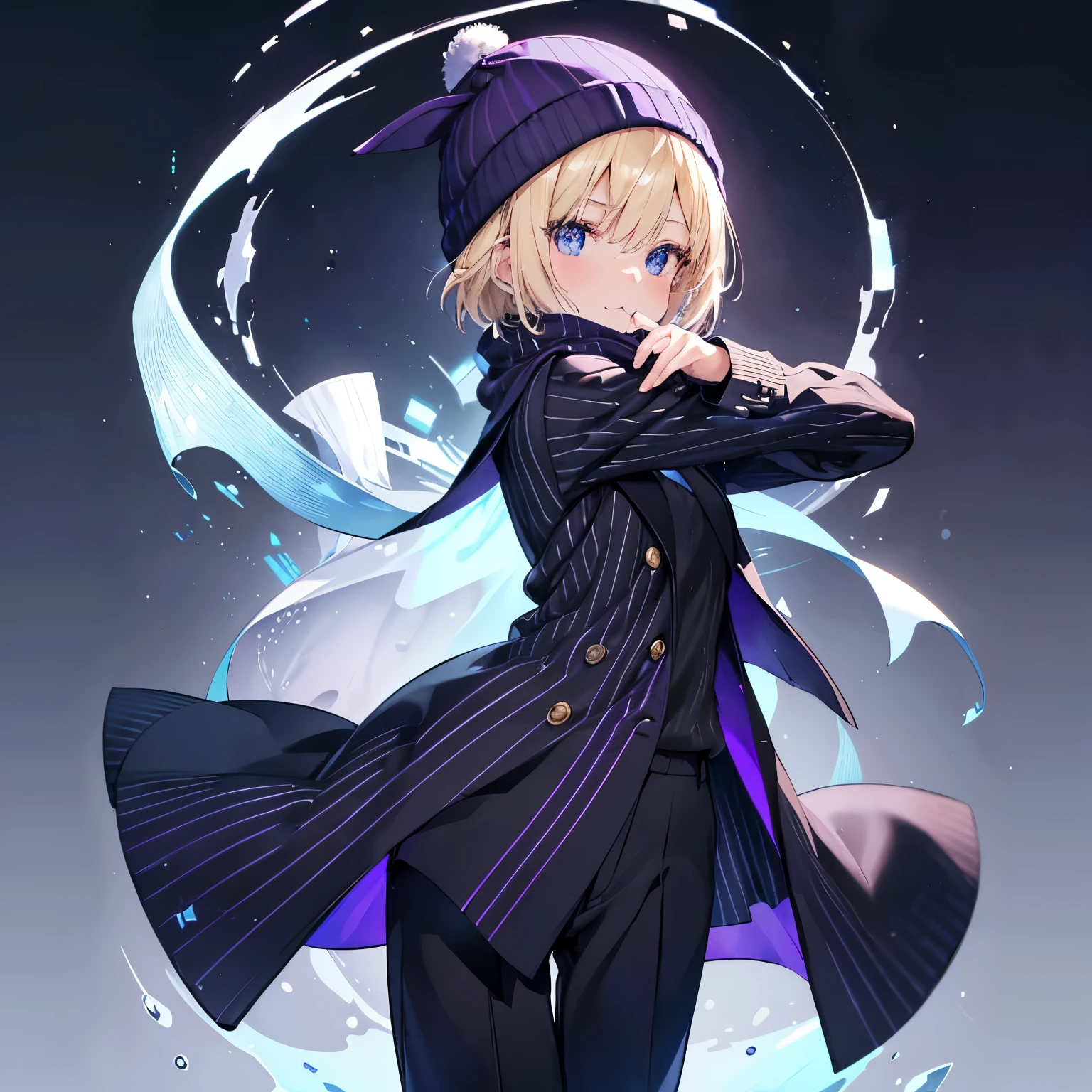elementary school slender girl((flat )), blonde hair (( straight short hair )), Wearing a blue colored sweater(( black vertical stripes)), long chesterfield coat((purple)), and black long pants, white beanie and gray muffler (( muffler covers her mouth ))bright smile (( the corners of her mouth rise)), round crystal blue eyes, a gentle wind blowing at a field , pose of looking back, stretch her arms forward