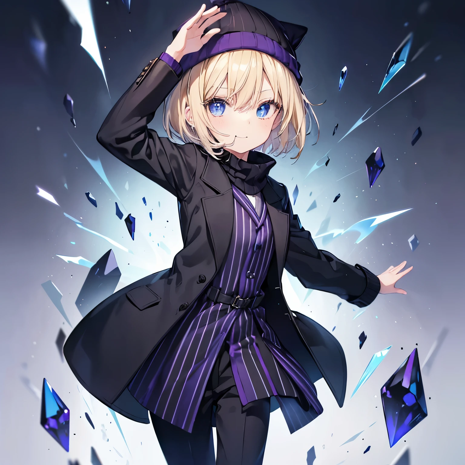 elementary school slender girl((flat )), blonde hair (( straight short hair )), Wearing a blue colored sweater(( black vertical stripes)), long chesterfield coat((purple)), and black long pants, white beanie and gray muffler (( muffler covers her mouth ))bright smile (( the corners of her mouth rise)), round crystal blue eyes, a gentle wind blowing at a field , pose of looking back, stretch her arms forward 