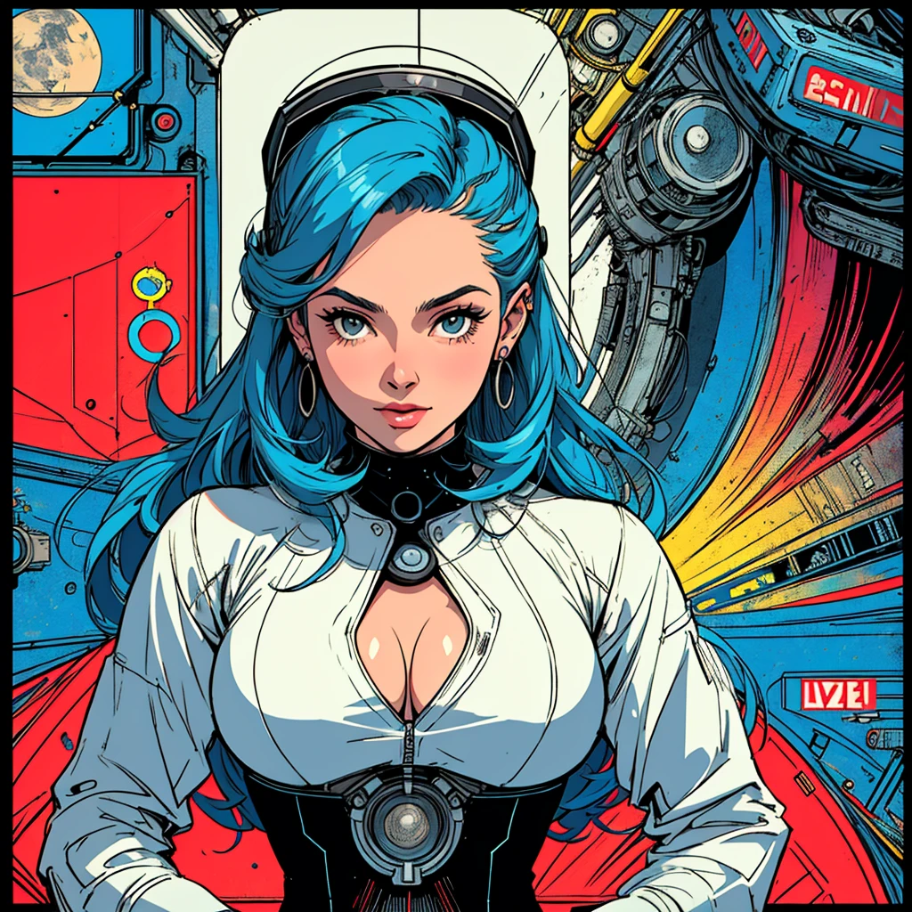 (((highest quality))),masterpiece,1 woman,((the perfect person)),((Super beautiful woman)),detailed perfect face,retro,vintage,classic,60's,70's,80&#39;s,old movie posters,abstract,((スペーススリラーmovie poster)),(Futuristic),Geometric pattern,very delicate,movie poster_white frame,universe,Milky Way,planet,,propaganda,universe飛行士,breast enhancement,simple,(big breasts),(cleavage),cyber punk,