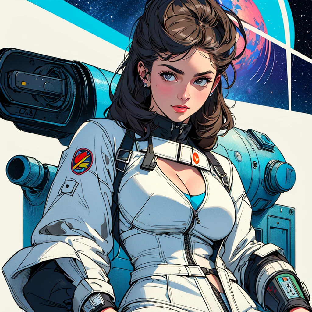 (((highest quality))),masterpiece,1 woman,((the perfect person)),((Super beautiful woman)),detailed perfect face,retro,vintage,classic,60's,70's,80's,old movie posters,abstract,((スペーススリラーmovie poster)),(Futuristic),Geometric pattern,very delicate,movie poster_white frame,universe,Milky Way,planet,,propaganda,universe飛行士,breast enhancement,simple,(big breasts),(cleavage),cyber punk,