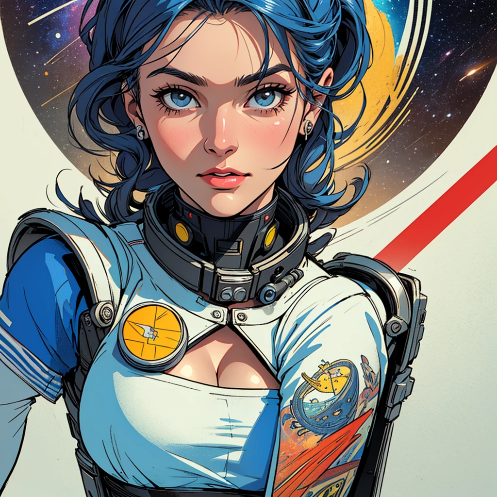 (((highest quality))),masterpiece,1 woman,((the perfect person)),((Super beautiful woman)),detailed perfect face,retro,vintage,classic,60's,70's,80&#39;s,old movie posters,abstract,((スペーススリラーmovie poster)),(Futuristic),Geometric pattern,very delicate,movie poster_white frame,universe,Milky Way,planet,,propaganda,universe飛行士,breast enhancement,simple,(big breasts),(cleavage),cyber punk,