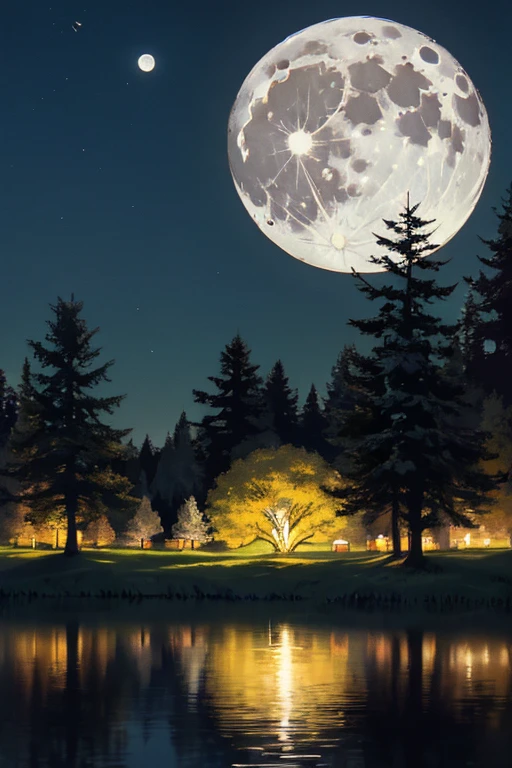 There is a bench in the grass near a lake and a giant tree, cattle grazing near the trees, the moon reflects in the water, full moon in the background, full moon in the background, big moon in the background, big moon in the background!, (moon in the background), moon reflecting in the water, moon in the background, perfect and sharp moon,  Moon in the background  