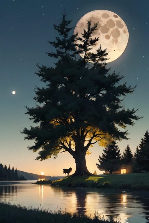 There is a bench in the grass near a lake and a giant tree, cattle grazing near the trees, the moon reflects in the water, full moon in the background, full moon in the background, big moon in the background, big moon in the background!, (moon in the background), moon reflecting in the water, moon in the background, perfect and sharp moon,  Moon in the background  