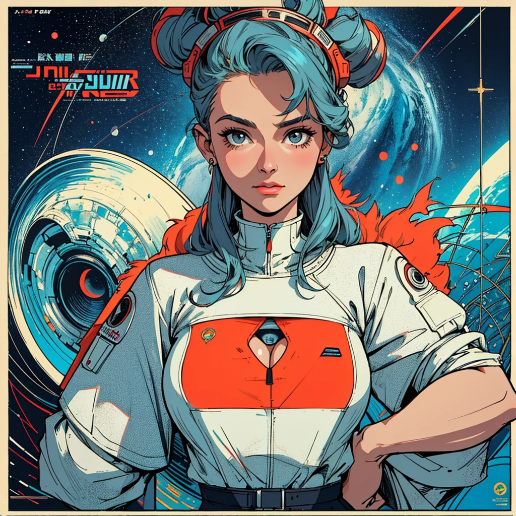 (((highest quality))),masterpiece,1 woman,((the perfect person)),((Super beautiful woman)),detailed perfect face,retro,vintage,classic,60's,70's,80's,old movie posters,abstract,((スペーススリラーmovie poster)),(Futuristic),Geometric pattern,very delicate,movie poster_white frame,universe,Milky Way,planet,,propaganda,universe飛行士,breast enhancement,simple,(big breasts),(cleavage),cyber punk,