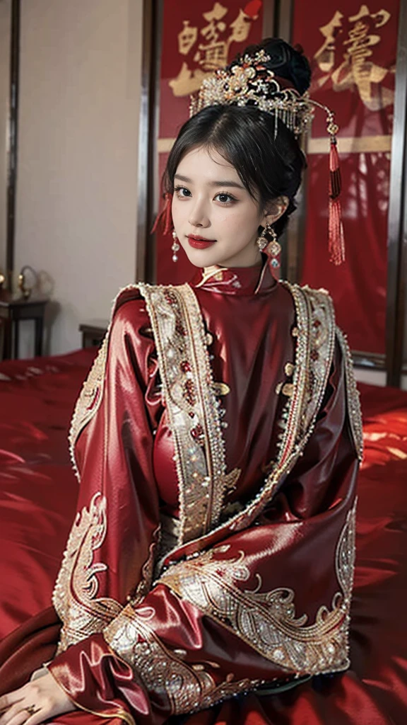 (High quality, 8k, HDR), (masterpiece:1.2), (best quality:1.4), (ultra high res:1.2),(RAW photo:1.2), (sharp focus:1.3), (face focus:1.2), perfect artwork, delicate patterns, intricate details, (extremely complex: 1.2), a woman in a red and gold dress, phoenix crown, hair stick, (sitting on a red bed), makeup, blush, shyness, black_hair, looking down, cosmetics, (forehead point), (2 red candles), Chinese_clothes, curtains, earrings, hair_ornament,hanfu, interior, jewelry, red nails, long_sleeves, red dress, red lips, tassels, (red quilt), (red palace: 1.2), (ancient Chinese architecture), (red: 1.8), (Full Body),(cute face:1.15),(huge breasts:1.6),