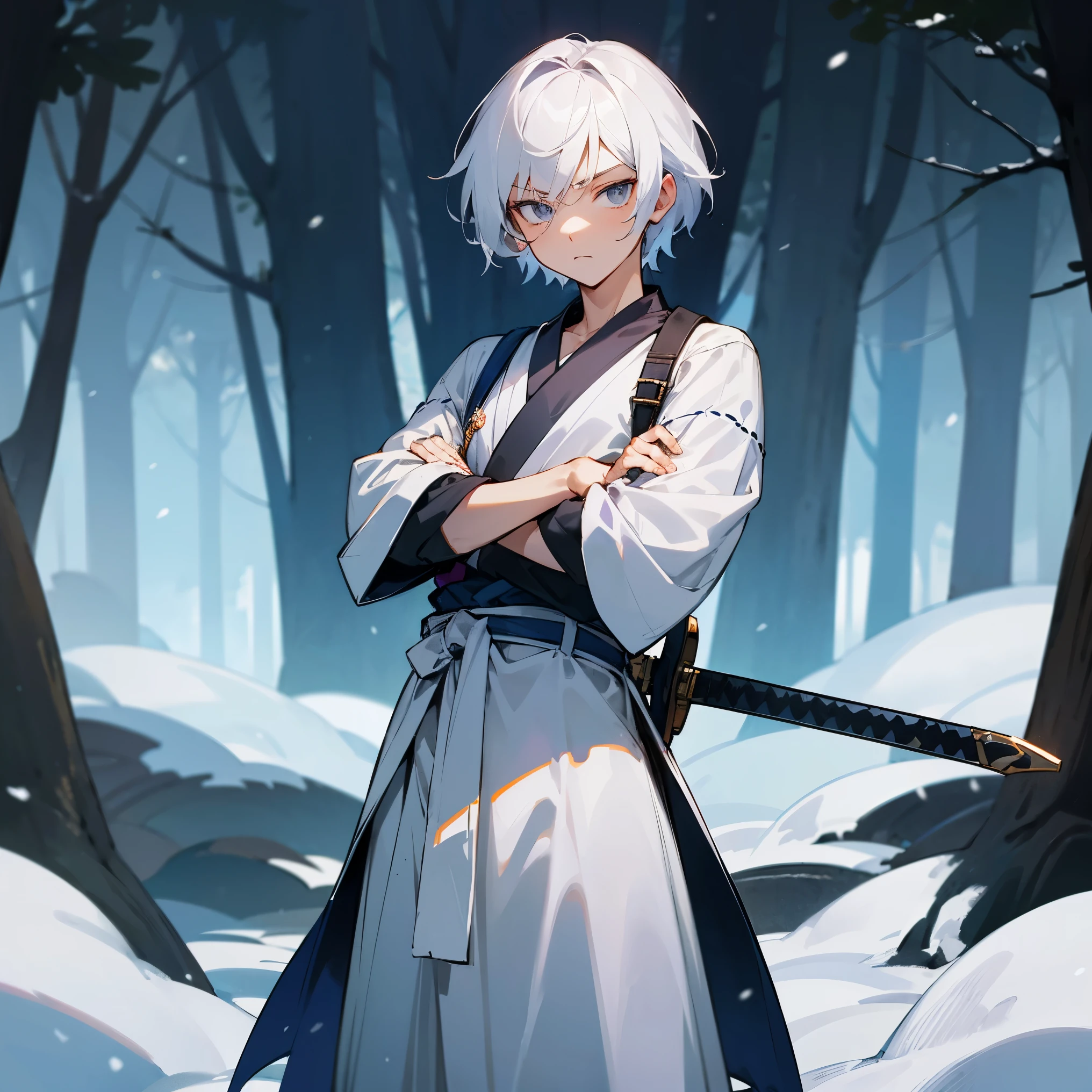 Young Male , Serious Expression , Snow White Hair , Blueish Grey Eyes , Serious Expression , Sword on Hip , Sword Hilt , Folded Arms , Ninja Clothing , Fitted clothing , White Shirt , Standing in a forest