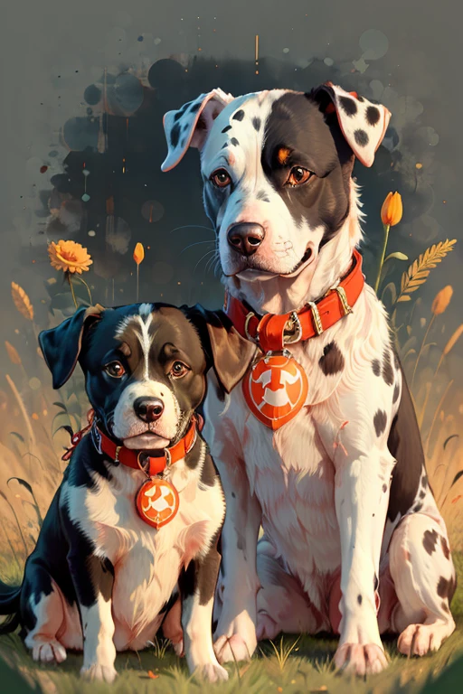 melhor qualidade, obra de arte, foto crua,ultra-detalhado:1.2), very hairy dalmatian dog with red bandana around his neck in a flowering grass a Pitbull in sy3 style, Sozinho,olhando para o espectador, (arte vetorial:1.2), minimalismo, SY3