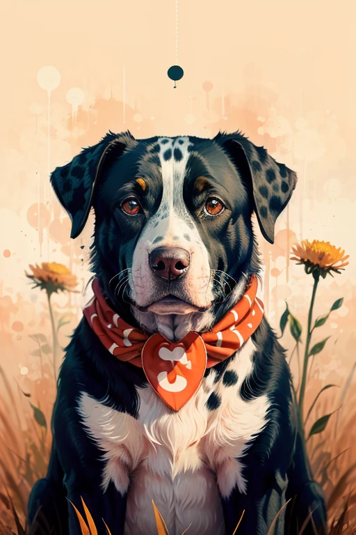 melhor qualidade, obra de arte, foto crua,ultra-detalhado:1.2), very hairy dalmatian dog with red bandana around his neck in a flowering grass a Pitbull in sy3 style, Sozinho,olhando para o espectador, (arte vetorial:1.2), minimalismo, SY3