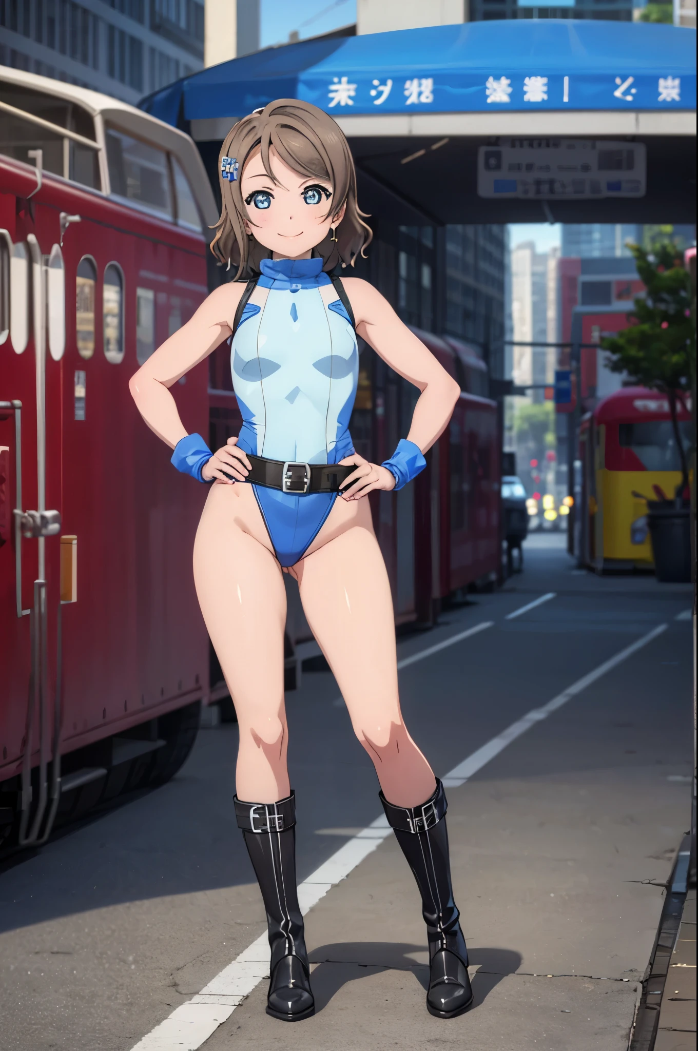 (((pixel-perfect, detail-perfect))), solo focus, 1girl, you watanabe, looking at viewer, smile, superhero, leotard, highleg leotard, bare legs, boots, standing, solo focus, tight belt, hands on hip, full body shot, city backdrop, sleeveless, ultra highres, absurdres, ((only five fingers)), perfect body, good proportions,