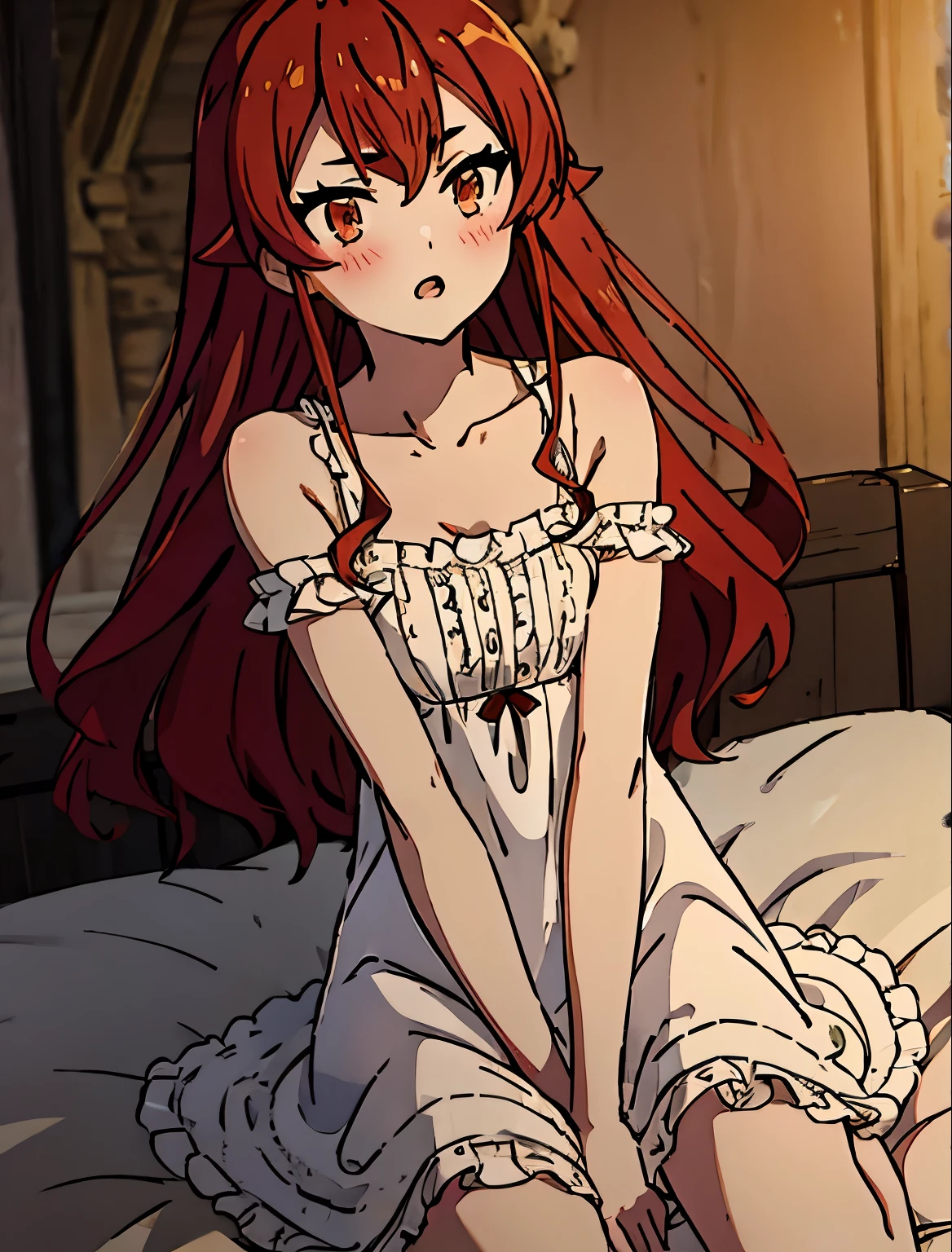 eris, 1girl, solo, long_hair, breasts, blush, open_mouth, bangs, red_eyes, dress, hair_between_eyes, bare_shoulders, sitting, very_long_hair, underwear, collarbone, ahoge, red_hair, small_breasts, frills, parted_lips, sleeveless, pointy_ears, indoors, white_dress, :o, v-shaped_eyebrows, bed, bed_sheet, on_bed, wariza, crossed_bangs, nightgown