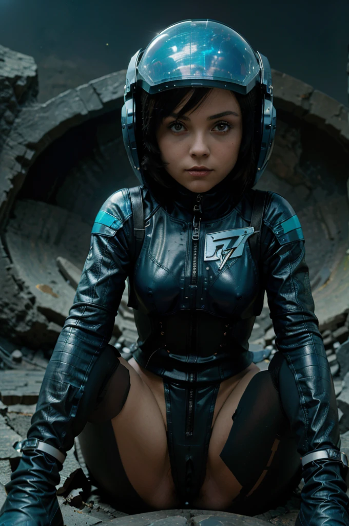 A Cracy Toon Rocketeer Space Girl like Christina Ricci with helmet, Black Cyan, Ambient in a meteorite crater super detailed, center, beautiful, soft lighting, focused on the character, 4K resolution, photorealistic rendering, sitting down, unzipping suit