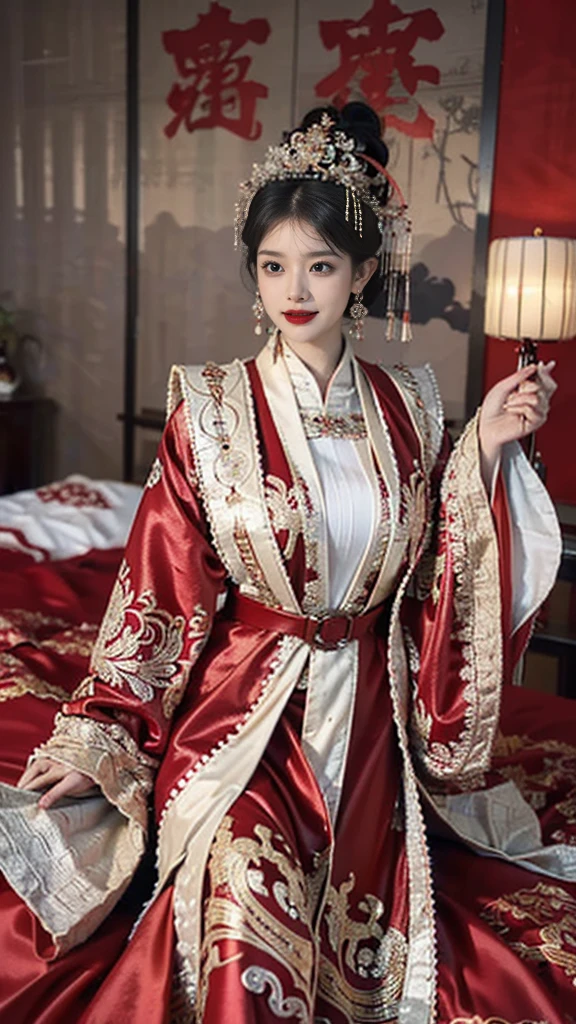 (High quality, 8k, HDR), (masterpiece:1.2), (best quality:1.4), (ultra high res:1.2),(RAW photo:1.2), (sharp focus:1.3), (face focus:1.2), perfect artwork, delicate patterns, intricate details, (extremely complex: 1.2), a woman in a red and gold dress, phoenix crown, hair stick, (sitting on a red bed), makeup, blush, shyness, black_hair, looking down, cosmetics, (forehead point), (2 red candles), Chinese_clothes, curtains, earrings, hair_ornament,hanfu, interior, jewelry, red nails, long_sleeves, red dress, red lips, tassels, (red quilt), (red palace: 1.2), (ancient Chinese architecture), (red: 1.8), (Full Body),(cute face:1.15),(huge breasts:1.4),