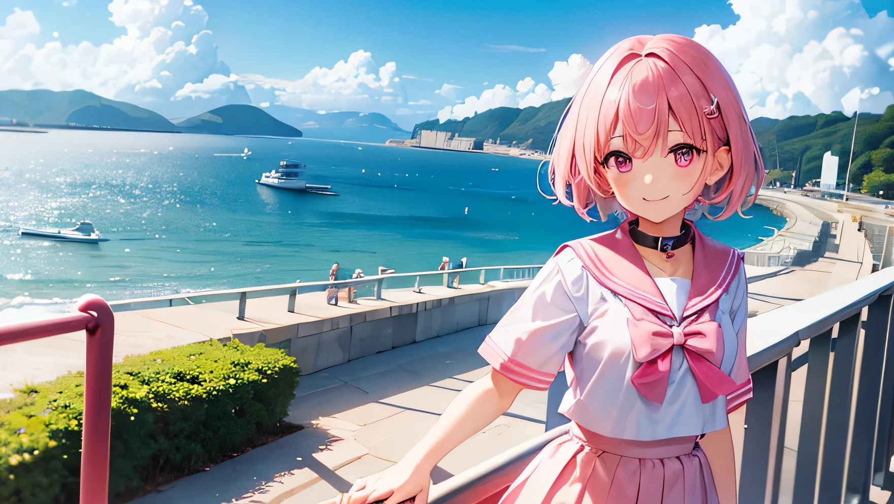 ((high resolution))、8k、girl、light pink hair、short hair、Dark pink eyes、smile、((sailor suit、Collar pink、Skirt pink))、Sea view park、
