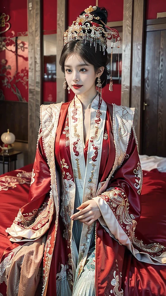 (High quality, 8k, HDR), (masterpiece:1.2), (best quality:1.4), (ultra high res:1.2),(RAW photo:1.2), (sharp focus:1.3), (face focus:1.2), perfect artwork, delicate patterns, intricate details, (extremely complex: 1.2), a woman in a red and gold dress, phoenix crown, hair stick, (sitting on a red bed), makeup, blush, shyness, black_hair, looking down, cosmetics, (forehead point), (2 red candles), Chinese_clothes, curtains, earrings, hair_ornament,hanfu, interior, jewelry, red nails, long_sleeves, red dress, red lips, tassels, (red quilt), (red palace: 1.2), (ancient Chinese architecture), (red: 1.8), (Full Body),(cute face:1.15),(huge breasts:1.4),