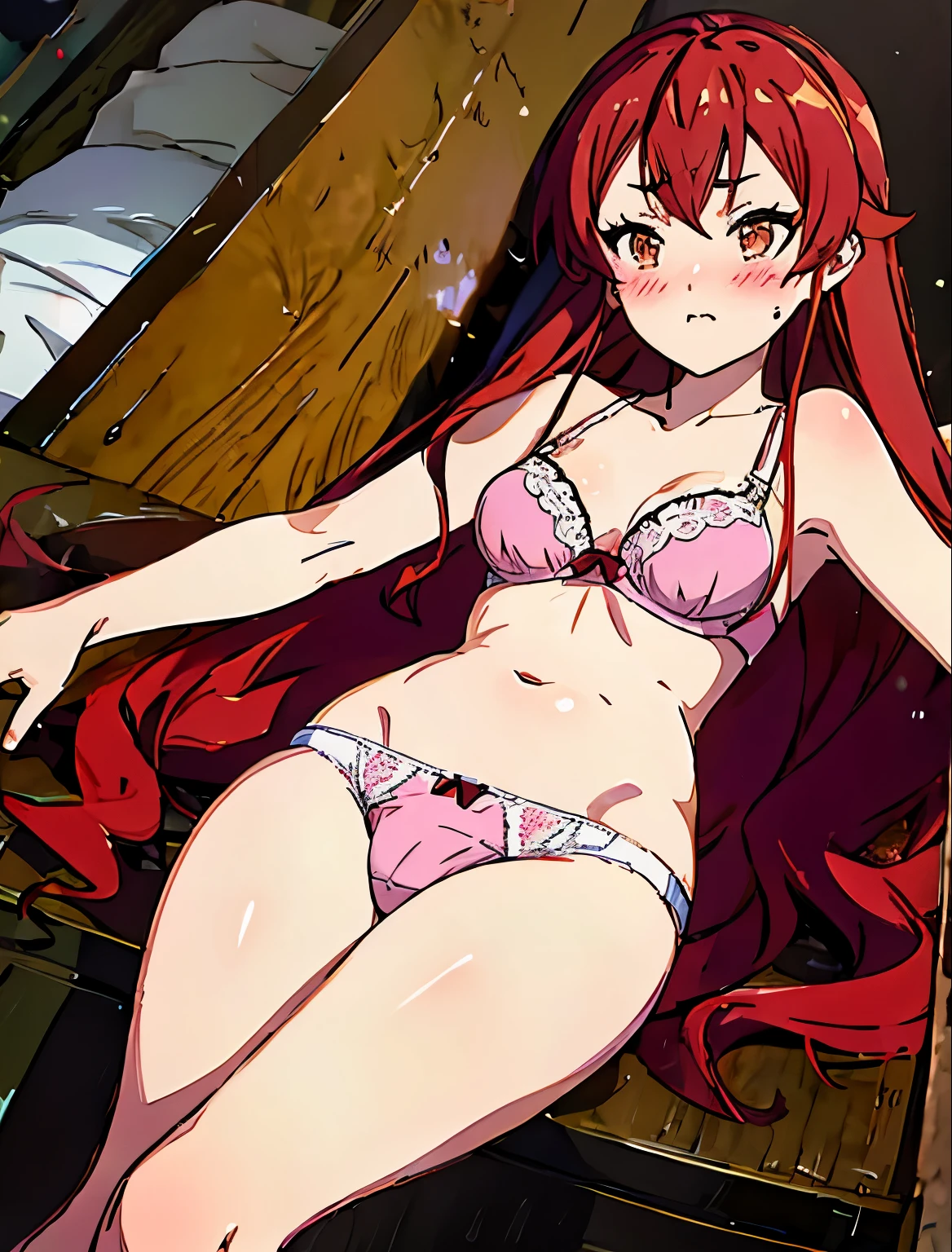Eris, a girl, red hair, blush, emotional, long hair, underwear, bra, , shy,